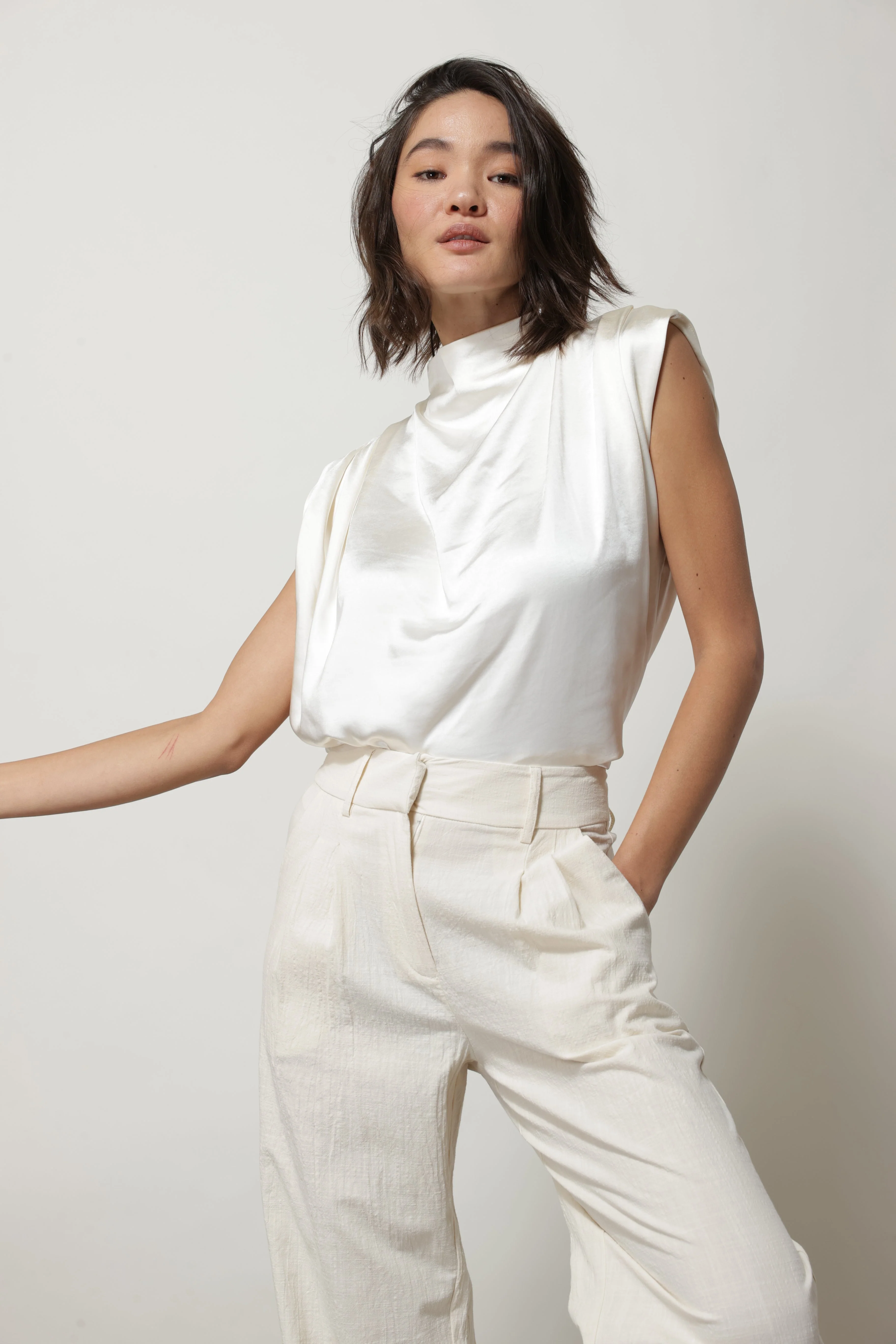 SATIN MOCK NECK BLOUSE IVORY - Image 4